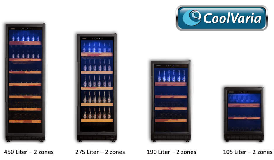 Four Bier Climate Cabinet of decreasing size, each marked with capacity and zone information, displayed against a white background with the "coolvaria" logo at top center.