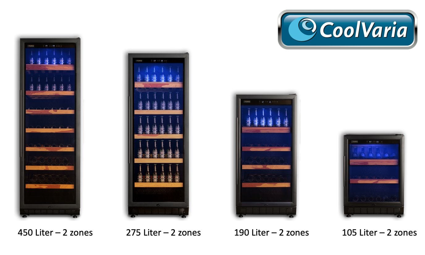 Vier Modelle von Weinkühlschränken zur Bierlagerung von coolvaria, von 450 bis 105 Litern, jeweils mit zwei Temperaturzonen, abgebildet mit Weinflaschen im Inneren.