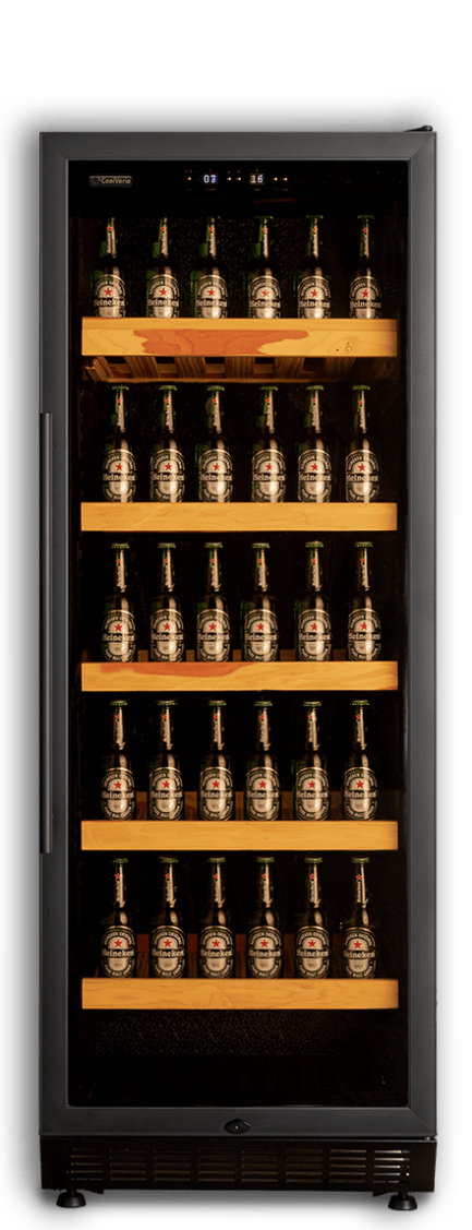 Beer climate cabinet filled with rows of bottled beer, illuminated and seen from the front.