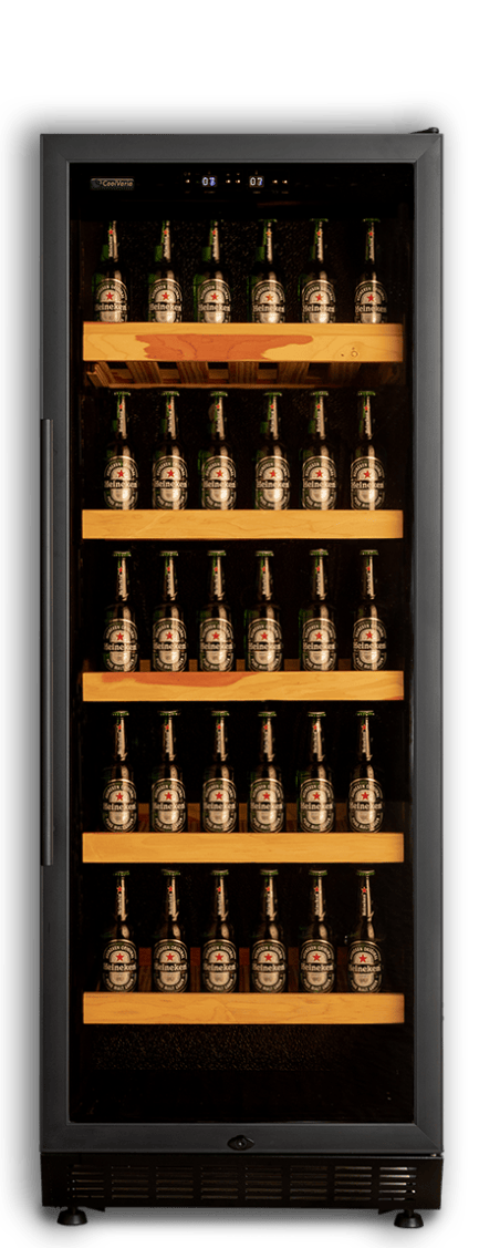 Beer climate cabinet (275 liters, height 164cm, multiple zones) filled with rows of bottled beer, illuminated from the inside, with wooden shelves.