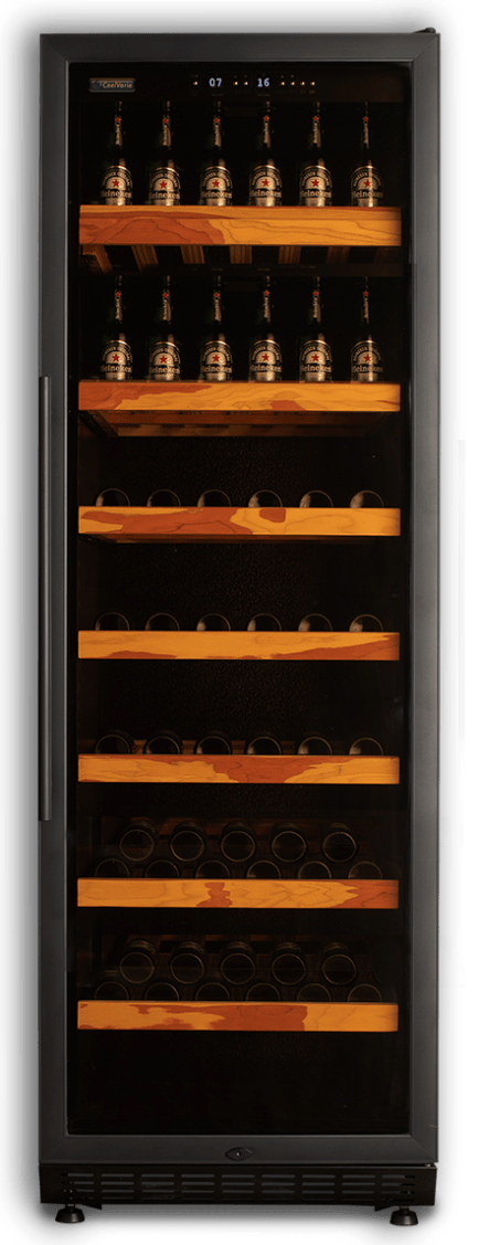 A vertical beer cooler with a glass front, showing rows of beer bottles on wooden shelves, illuminated with soft lighting.