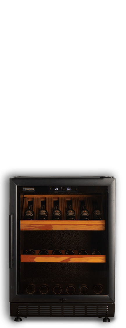 Beer climate cabinet with bottles on wooden racks, equipped with digital temperature display, under soft interior lighting.
