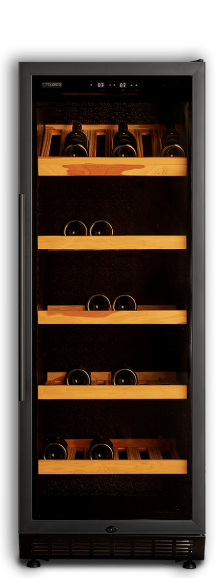 Champagne storage cabinet with transparent door containing several shelves filled with various champagne bottles, seen against a dark background.