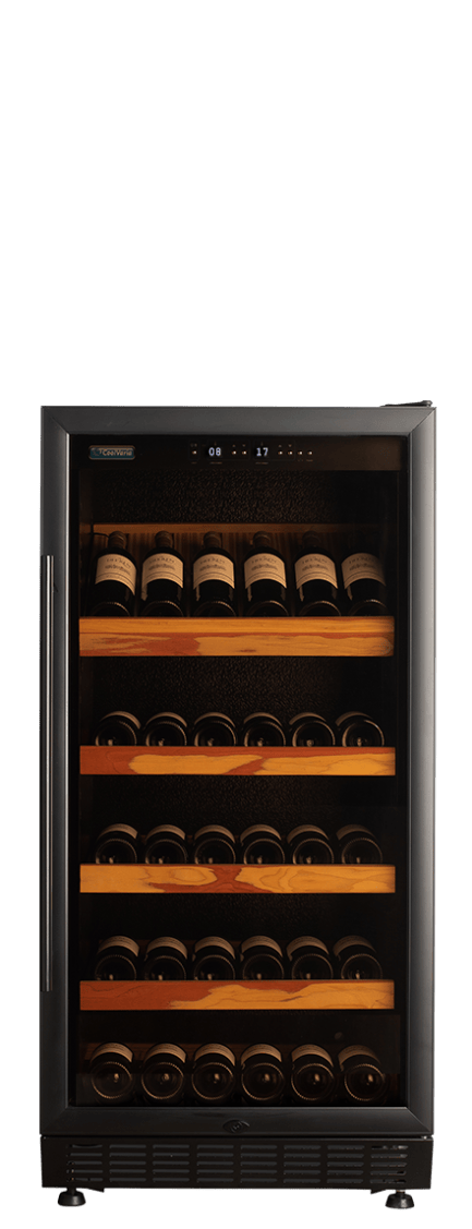 A wine refrigerator with a glass door with multiple shelves of horizontally stored wine bottles, illuminated by soft interior lighting.