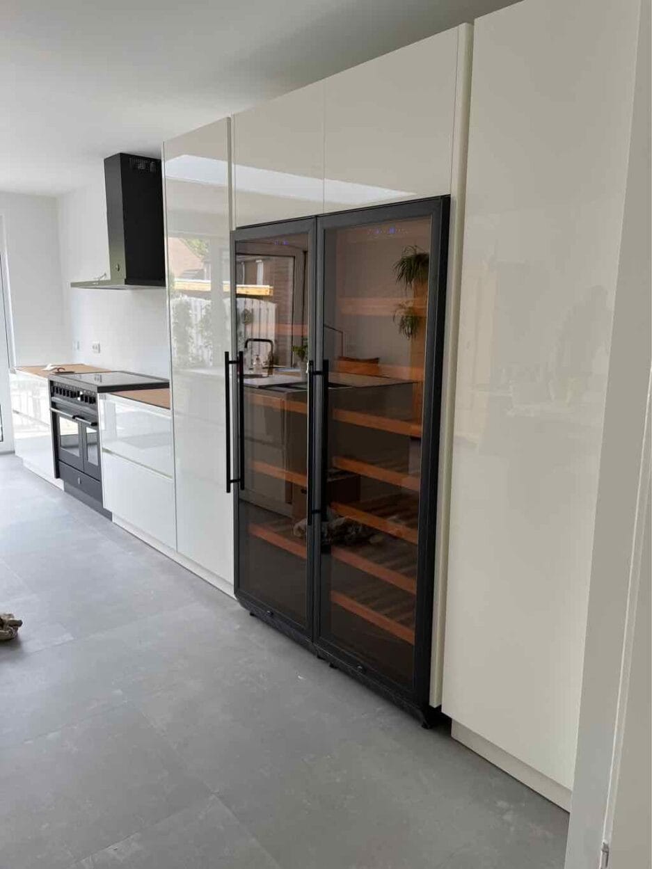 Modern kitchen with white cupboards and gray floor, with a large storage shelf with glass front and a plant on the counter.