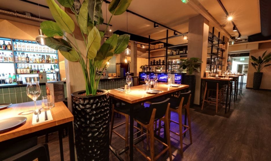 Interieur van een modern restaurant met elegante bewaarkasten, goed gevulde schappen, sfeervolle verlichting en grote potplanten.