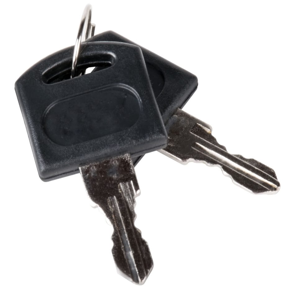 Two keys on a key ring, one with a black plastic head, isolated on a white background.