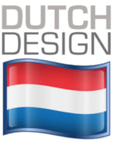 Logo « Dutch design » au-dessus d'une image stylisée du drapeau néerlandais, le tout avec une bordure métallique et des effets d'ombre.