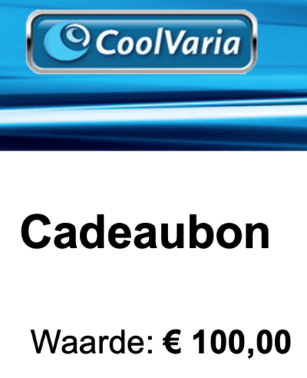A digital gift card with the inscription "Gift card € 25.00 (nice gift)" with a value of 100 euros, displayed on a blue background under the "coolvaria" logo.