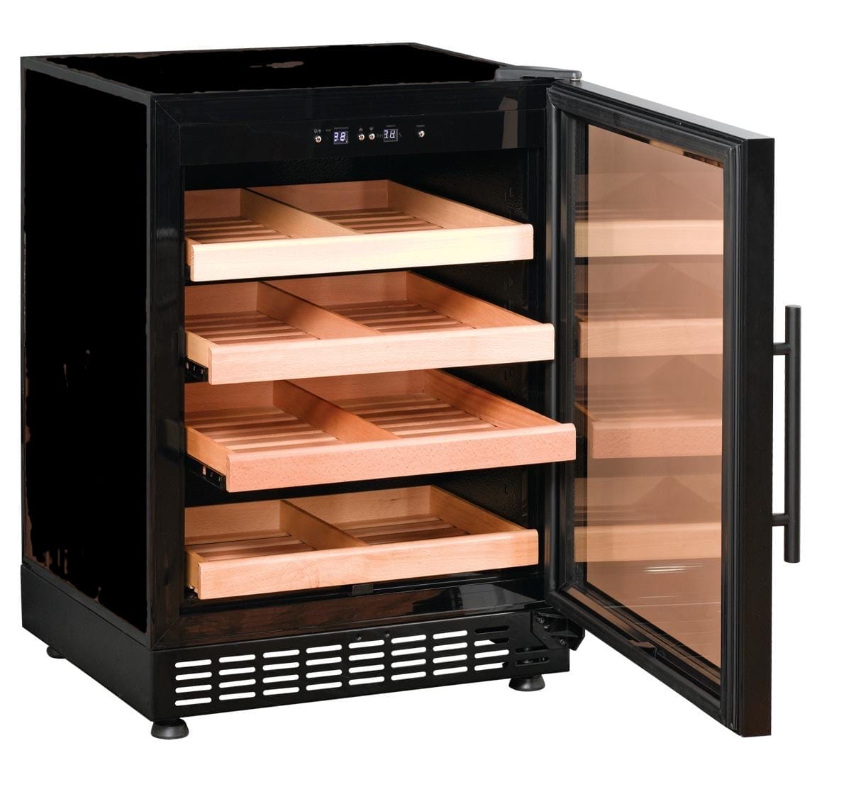 A black wine cooler with an open glass door showing four wooden shelves, against a white background.