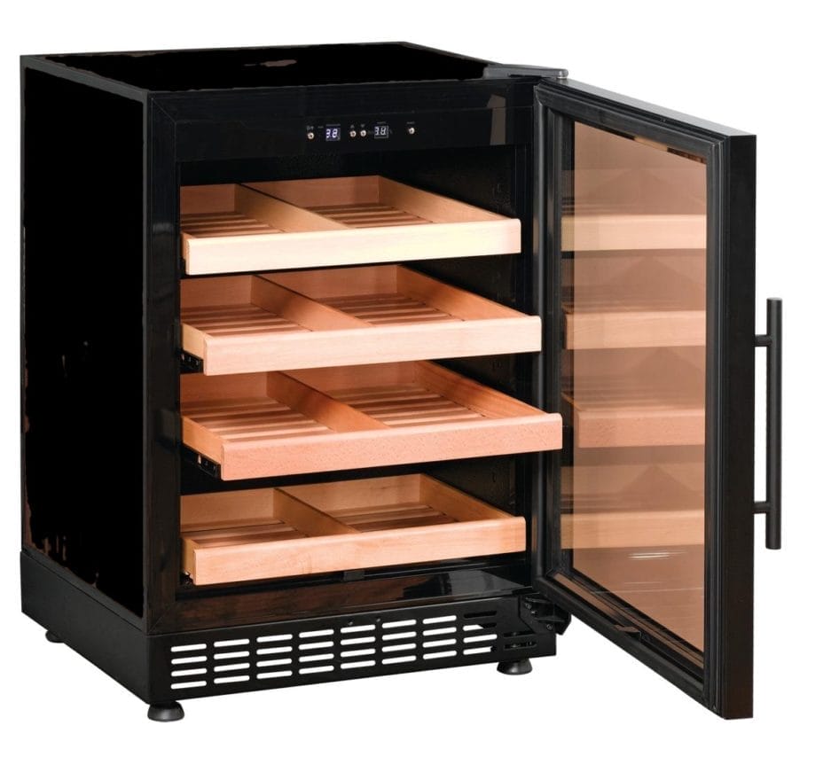 A black wine cooler with an open glass door, showing four partially pulled out wooden shelves.