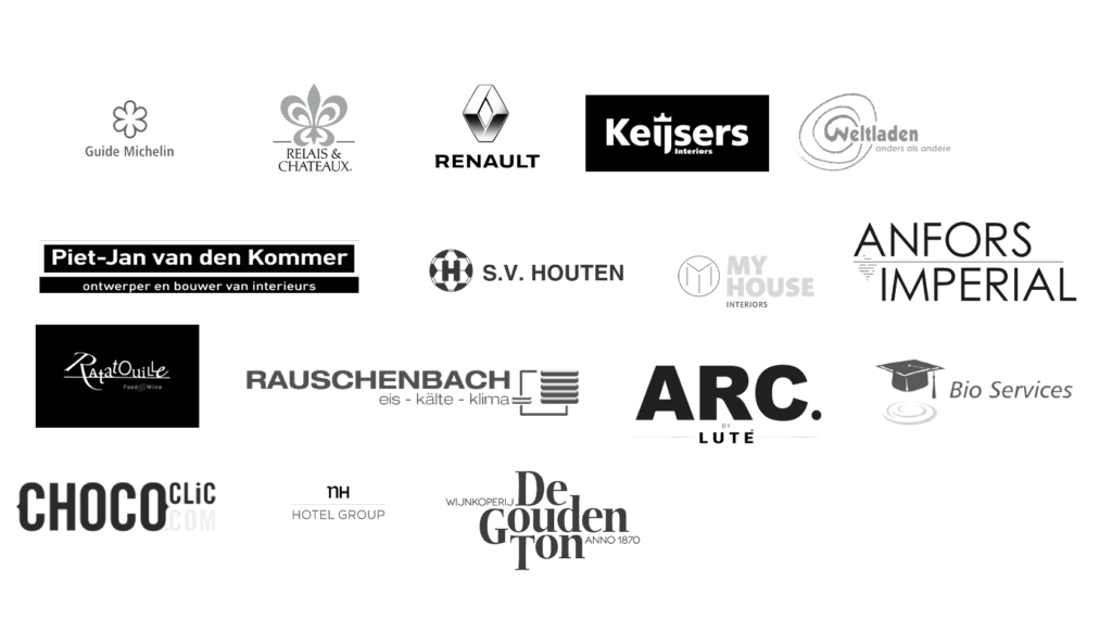 Un collage de divers logos d'entreprises de différents secteurs, notamment l'hôtellerie, l'automobile et le design d'intérieur, présentés en noir et blanc.