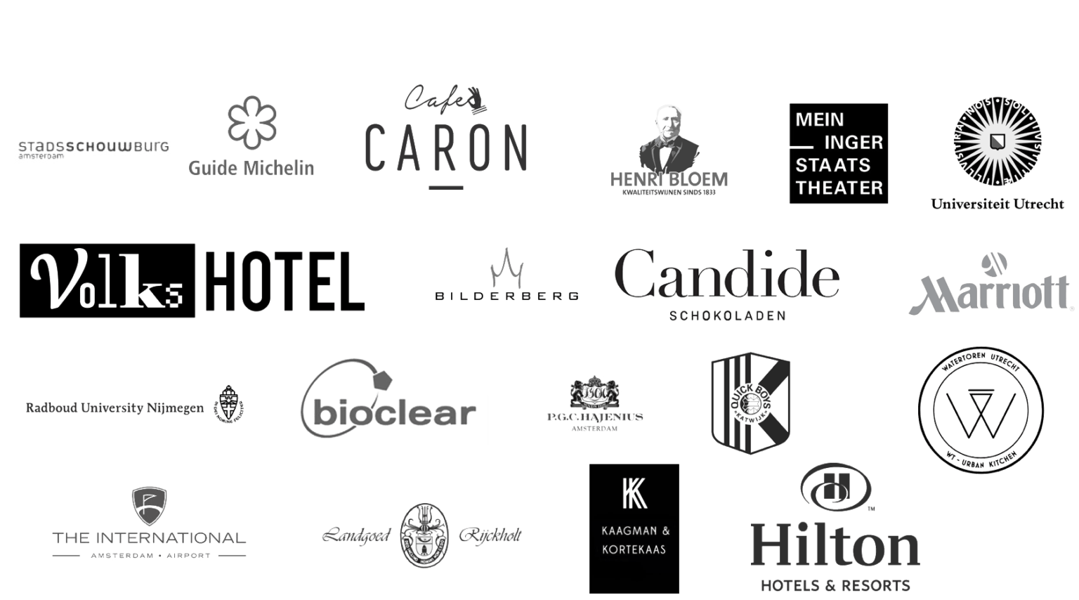 Un collage de divers logos d'entreprises et d'organisations, notamment d'établissements d'enseignement, d'hôtels, de théâtres et d'autres entreprises, présentés en noir et blanc.