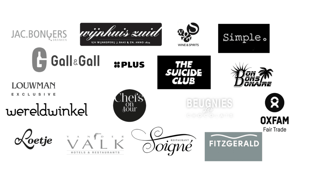 Een collage van verschillende bedrijfslogo's in verschillende stijlen en lettertypen op een witte achtergrond.