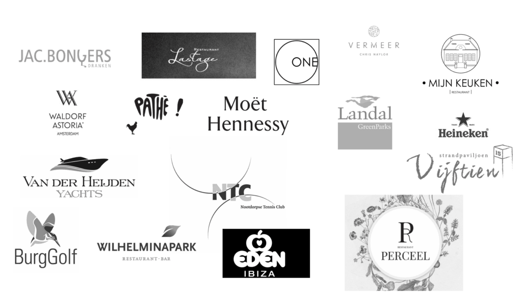 Een collage van verschillende logo's van diverse bedrijven, waaronder luxemerken, hotels en dranken, gepresenteerd in zwart-wit.