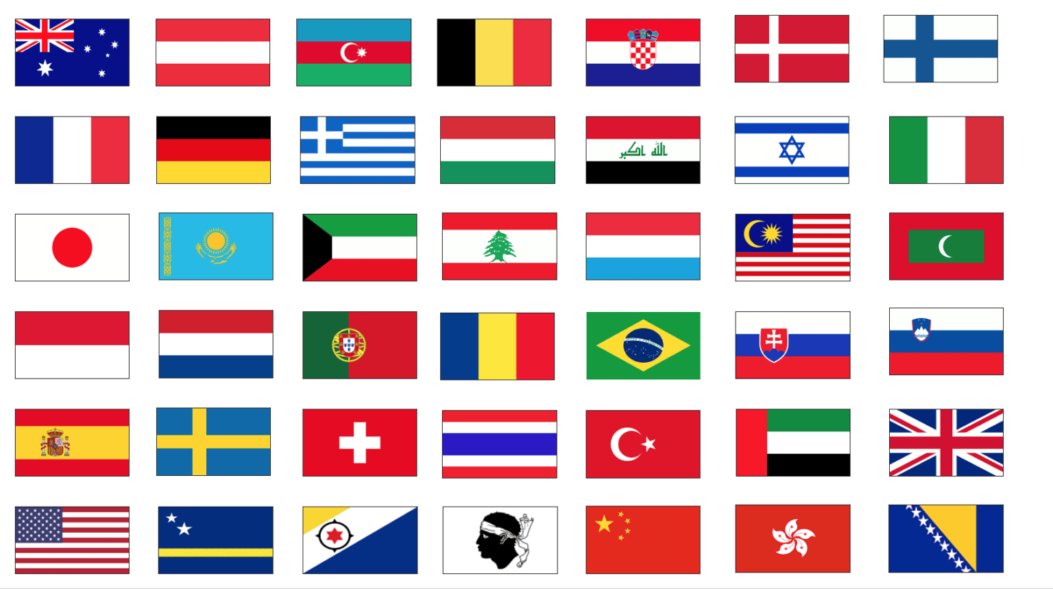 Ein Raster aus verschiedenen Nationalflaggen, die verschiedene Länder auf der ganzen Welt repräsentieren und in einer farbenfrohen Anordnung angezeigt werden.