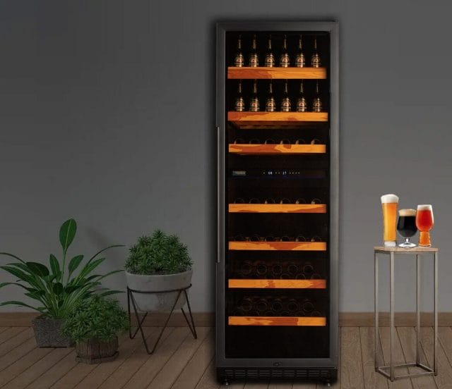 Une armoire climatique haute pour bière avec des étagères en bois, en partie remplies de bouteilles. A côté se trouvent deux plantes et une petite table avec trois verres de boissons différentes.