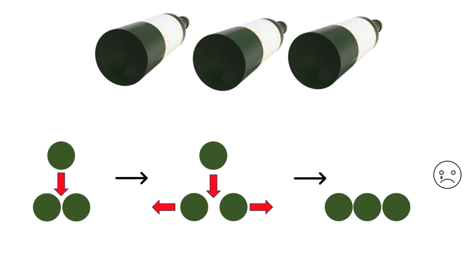 Drie wijnflessen zijn bovenaan horizontaal uitgelijnd. Hieronder staan groene cirkels met rode pijlen die verschillende bewegingsfasen aangeven, eindigend met een droevig gezicht uiterst rechts.