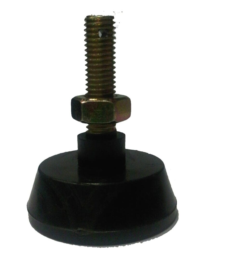 A metal bolt and nut mounted on a large black plastic base, isolated on a white background.