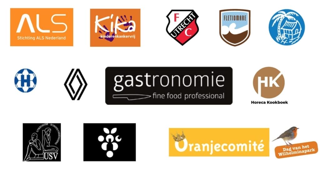 Een raster van twaalf verschillende logo's van verschillende organisaties, waaronder als, kika, fc utrecht, unilever en andere gerelateerd aan gezondheidszorg, sport, gastronomie en nationale commissies.