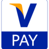 Visa Pay-Logo mit einem großen Buchstaben „V“ in orange-blauem Design auf weißem Hintergrund, über dem Wort „Pay“ in Weiß auf blauem Hintergrund.