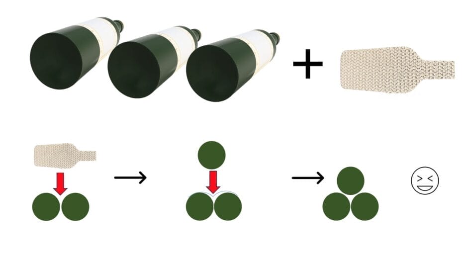 Een set van drie donkergroene flessen en een rechthoekig apparaat. Pijlen geven aan dat het apparaat de flessen doorboort en een gelijkzijdig driehoekspatroon vormt. Een gezicht met een tevreden uitdrukking is aan het eind.