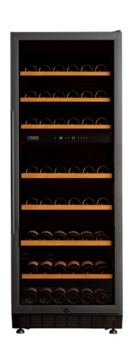 A large wine cooler with a glass door, on which several bottles are placed horizontally on different wooden shelves.