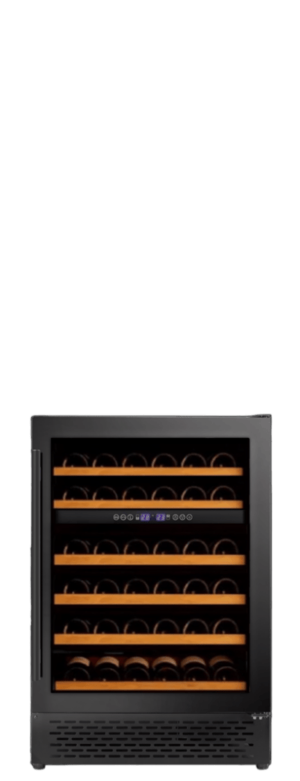 A black wine cooler with five wooden shelves, each with multiple bottles of wine. The front panel has a digital display and control buttons.