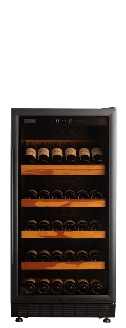 The Wine storage cabinet is 124 cm high and has a glass door with rows of wine bottles on wooden shelves. The shelves are digitally operated. Up to 80 bottles can be stored in one zone.