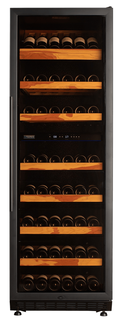 Wine climate cabinet with wooden shelves suitable for rows of wine bottles, 180 cm high and suitable for 200 bottles, double zone.